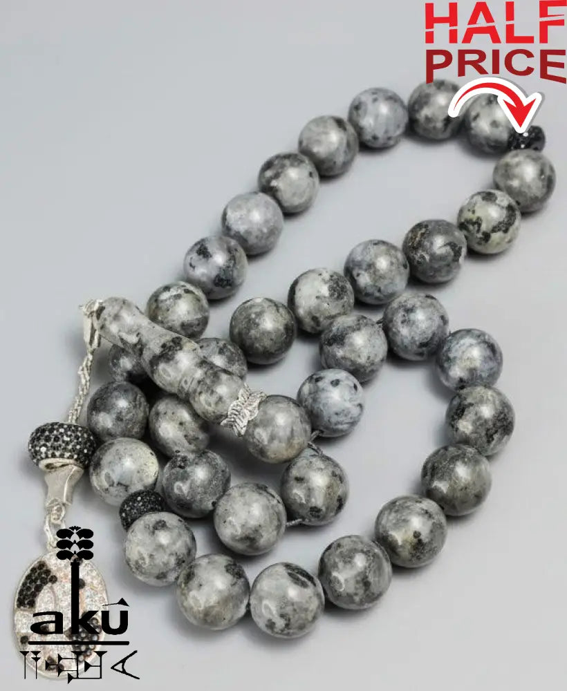 Labradorit Tesbih 33, natuerlicher Edelstein, islamisches Misbaha, riesig in 925 Silber