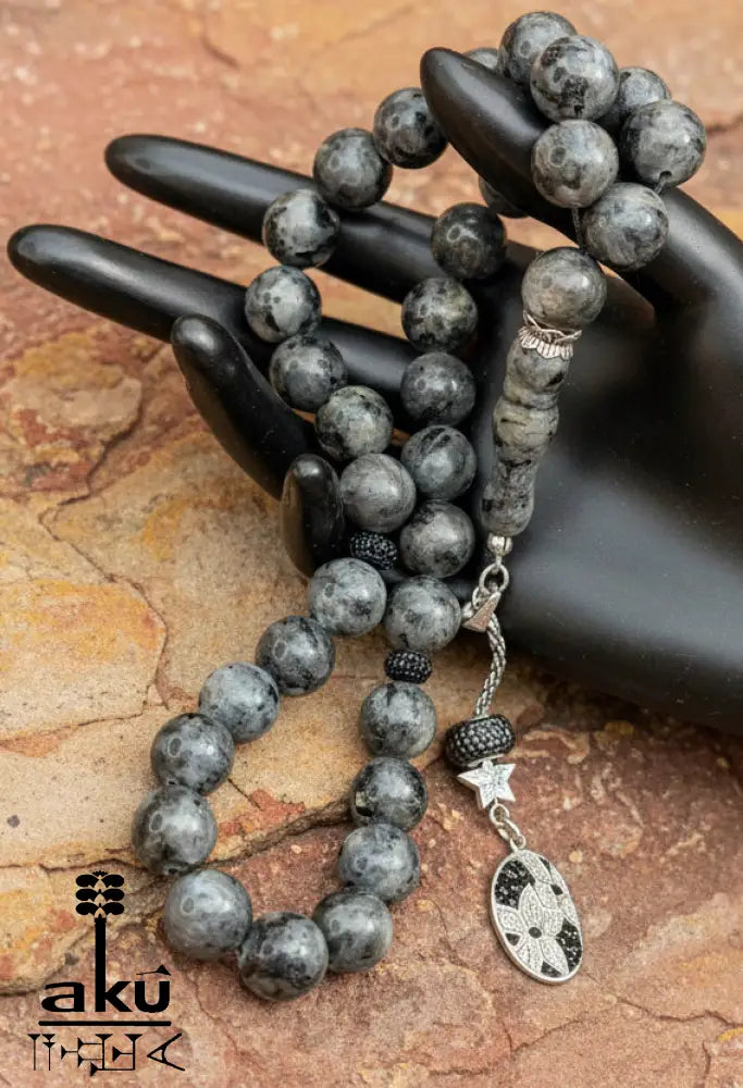 Labradorit Tesbih 33, natuerlicher Edelstein, islamisches Misbaha, riesig in 925 Silber