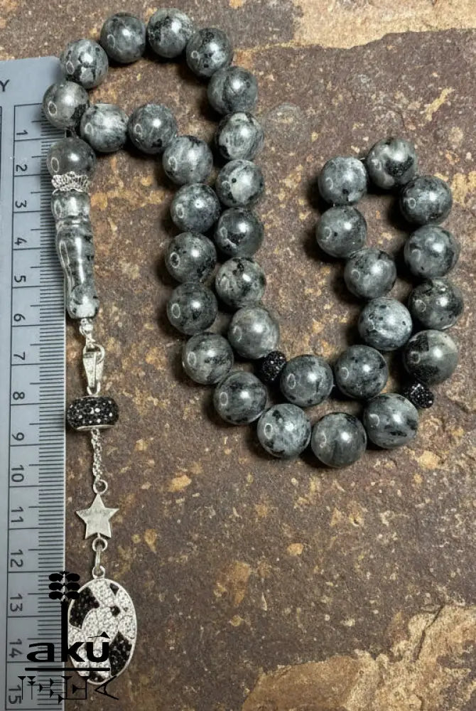 Labradorit Tesbih 33, natuerlicher Edelstein, islamisches Misbaha, riesig in 925 Silber