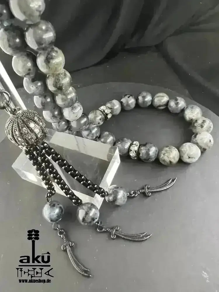 Labradorite Tesbih 33, natürliches Edelstein, islamische Zulfigar - Schwert Misbaha 10mm - AkueShop