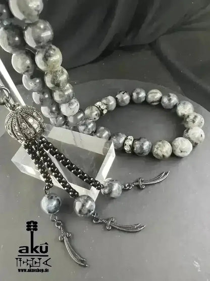 Labradorite Tesbih 33, natürliches Edelstein, islamische Zulfigar - Schwert Misbaha 10mm - AkueShop