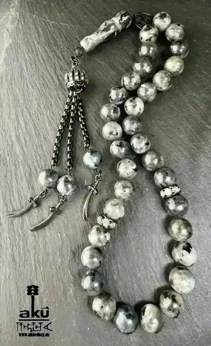 Labradorite Tesbih 33, natürliches Edelstein, islamische Zulfigar - Schwert Misbaha 10mm - AkueShop