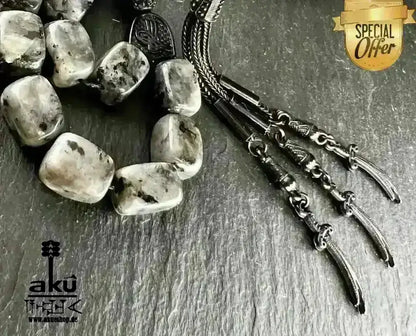 Labradorite Tesbih 33, natürliches Edelstein, islamisches Misbaha, schwarze Zulfiqar ALI Quaste - AkueShop