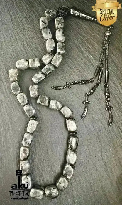 Labradorite Tesbih 33, natürliches Edelstein, islamisches Misbaha, schwarze Zulfiqar ALI Quaste - AkueShop
