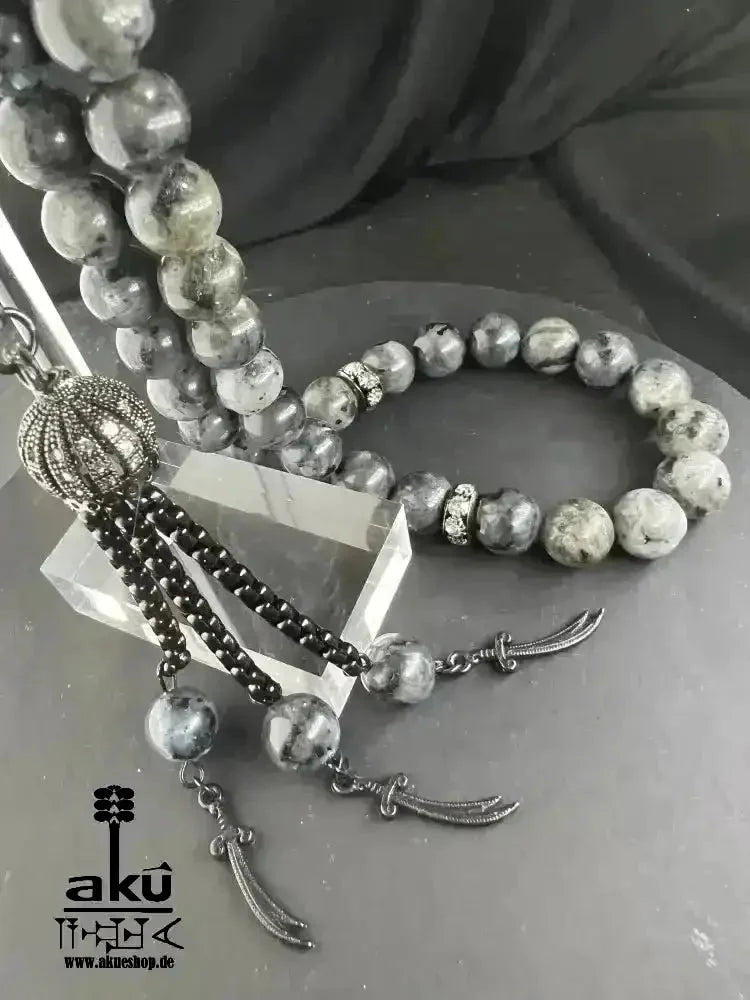 Labradorite Tesbih 33, natürliches Edelstein, islamische Zulfigar - Schwert Misbaha 10mm - AkueShop