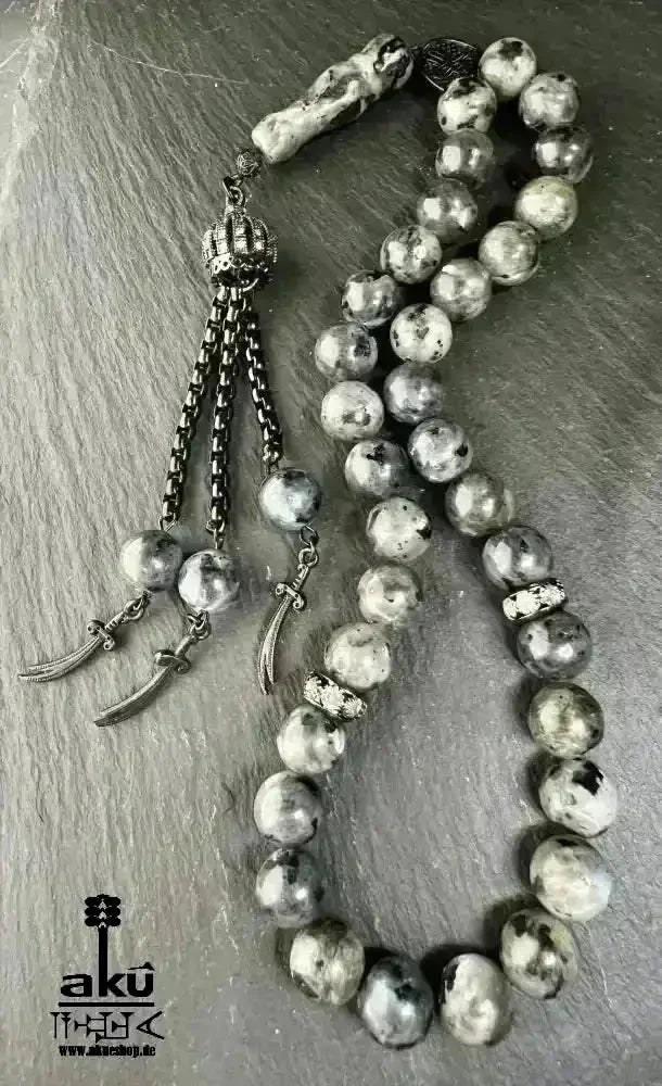 Labradorite Tesbih 33, natürliches Edelstein, islamische Zulfigar - Schwert Misbaha 10mm - AkueShop