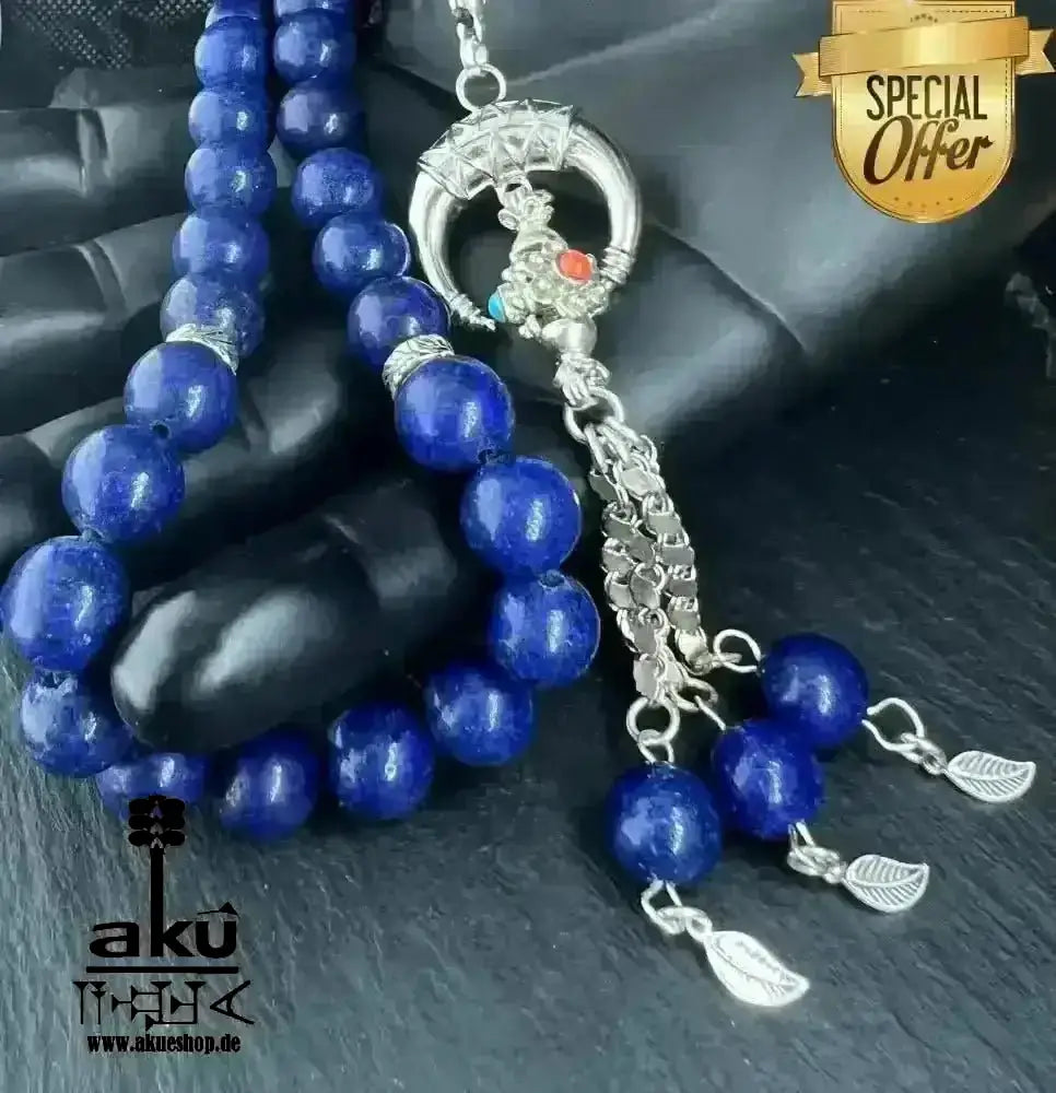 Lapis Lazuli Tesbih 33, natürliches Edelstein, islamisches Misbaha, Dritteauge chakra energie 925er Silbere Quaste - AkueShop