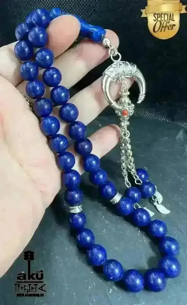 Lapis Lazuli Tesbih 33, natürliches Edelstein, islamisches Misbaha, Dritteauge chakra energie 925er Silbere Quaste - AkueShop