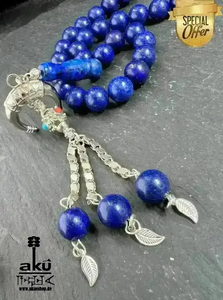 Lapis Lazuli Tesbih 33, natürliches Edelstein, islamisches Misbaha, Dritteauge chakra energie 925er Silbere Quaste - AkueShop