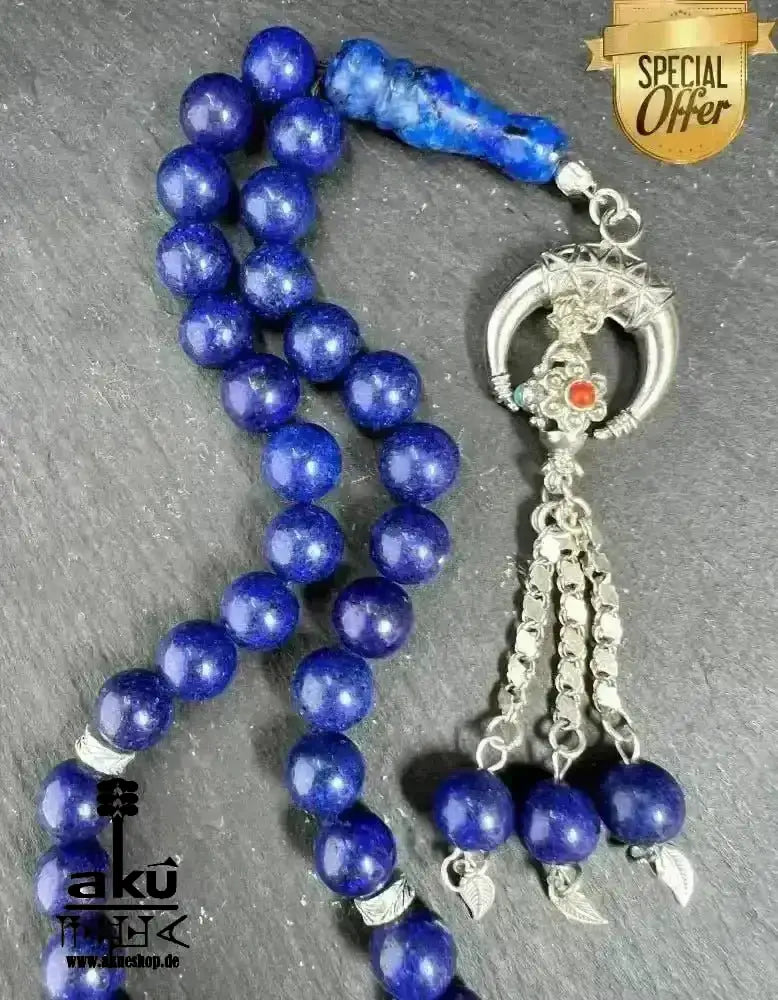 Lapis Lazuli Tesbih 33, natürliches Edelstein, islamisches Misbaha, Dritteauge chakra energie 925er Silbere Quaste - AkueShop