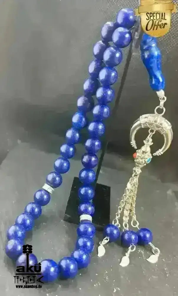 Lapis Lazuli Tesbih 33, natürliches Edelstein, islamisches Misbaha, Dritteauge chakra energie 925er Silbere Quaste - AkueShop