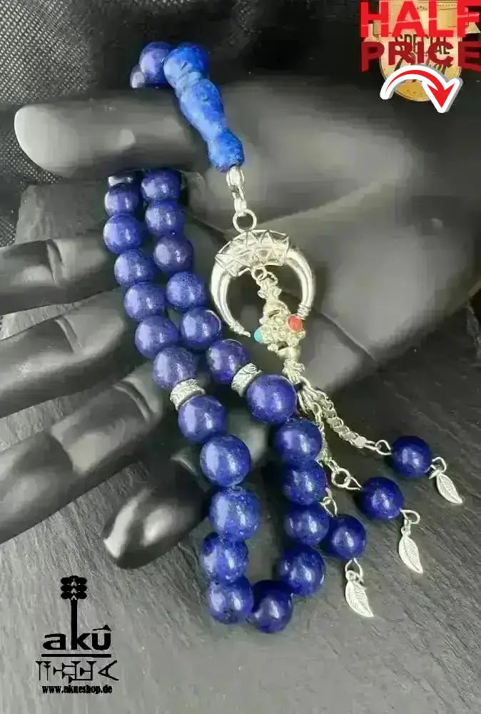 Lapis Lazuli Tesbih 33, natürliches Edelstein, islamisches Misbaha, Dritteauge chakra energie 925er Silbere Quaste - AkueShop