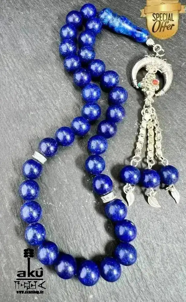 Lapis Lazuli Tesbih 33, natürliches Edelstein, islamisches Misbaha, Dritteauge chakra energie 925er Silbere Quaste - AkueShop