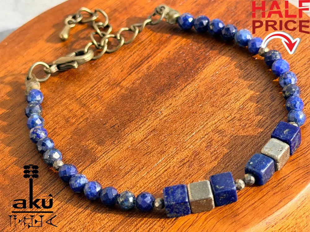 Lapislazuli Armband blau Edelstein, bronzene Würfel, Pyrit Perlen, natürlicher Edelstein