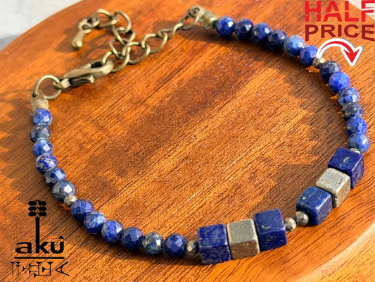 Lapislazuli Armband blau Edelstein, bronzene Würfel, Pyrit Perlen, natürlicher Edelstein