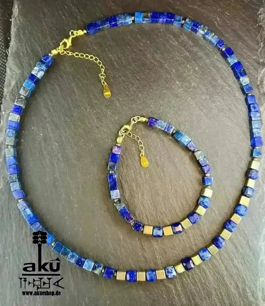 Lapislazuli Halskette und Armband, natürliches Edelstein Schmuckset 925er Silber vergoldet, Drittenaugechakra Meditationsenergie - AkueShop