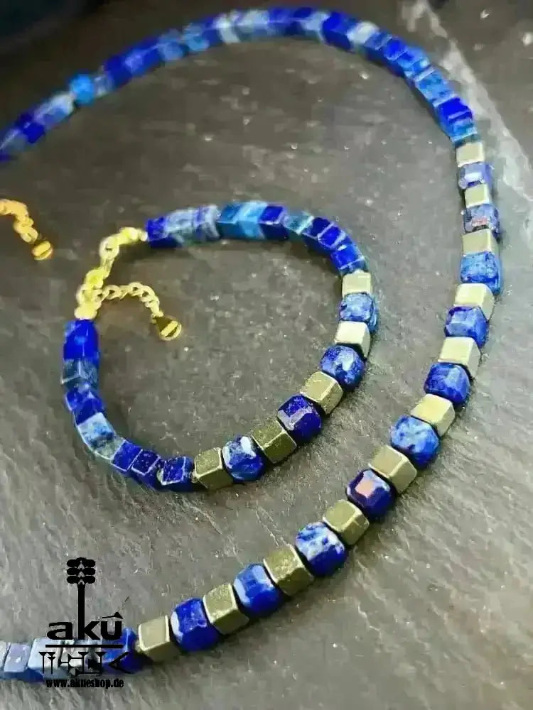 Lapislazuli Halskette und Armband, natürliches Edelstein Schmuckset 925er Silber vergoldet, Drittenaugechakra Meditationsenergie - AkueShop