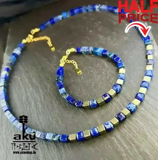 Lapislazuli Halskette und Armband, natürliches Edelstein Schmuckset 925er Silber vergoldet, Drittenaugechakra Meditationsenergie - AkueShop
