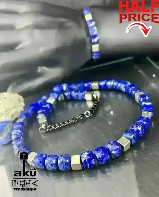 Natürliches Lapislazuli und Pyrit Steine, Unisex Halskette und armband, Dritteaugen und Solar Plexus Chakras, meditation energie - AkueShop