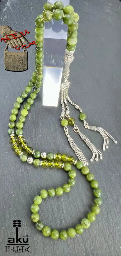 Grüne Jade & Peridot 99‑Perlen Tasbih mit 925 Silber Zulfiqar‑Schwert Imame – handgefertigte islamische Gebetskette