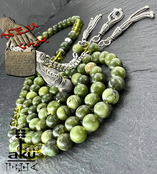 Grüne Jade & Peridot 99‑Perlen Tasbih mit 925 Silber Zulfiqar‑Schwert Imame – handgefertigte islamische Gebetskette