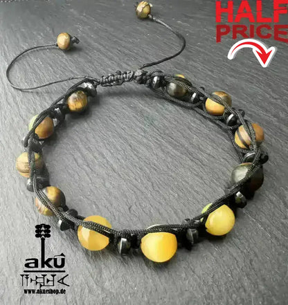 Männer Armband braunes und gold Tigerauge, freie Größe einstellbares Macreme Band - AkueShop