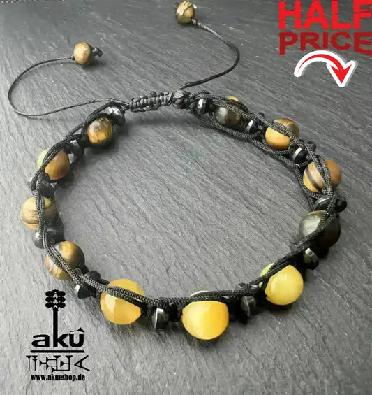 Männer Armband braunes und gold Tigerauge, freie Größe einstellbares Macreme Band - AkueShop