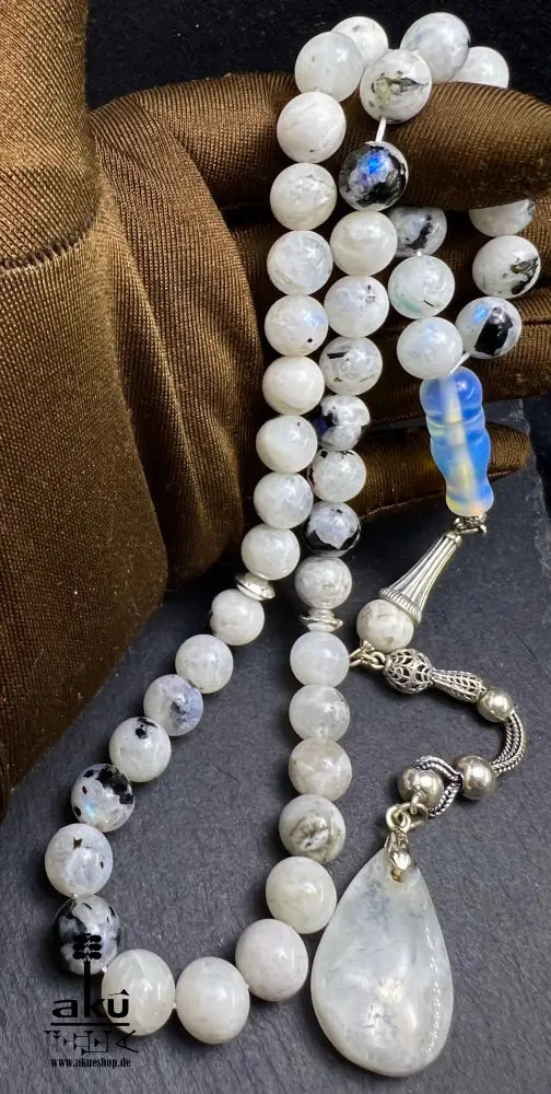 Mondstein Tasbih 925er Silber Quaste natürliche Edelstein Sibha Regenbogen Indischer Mondstein. Tasbih