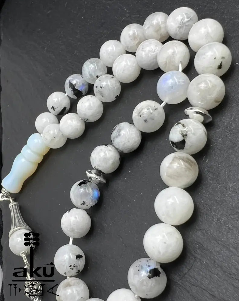 Mondstein Tasbih 925er Silber Quaste natürliche Edelstein Sibha Regenbogen Indischer Mondstein. Tasbih