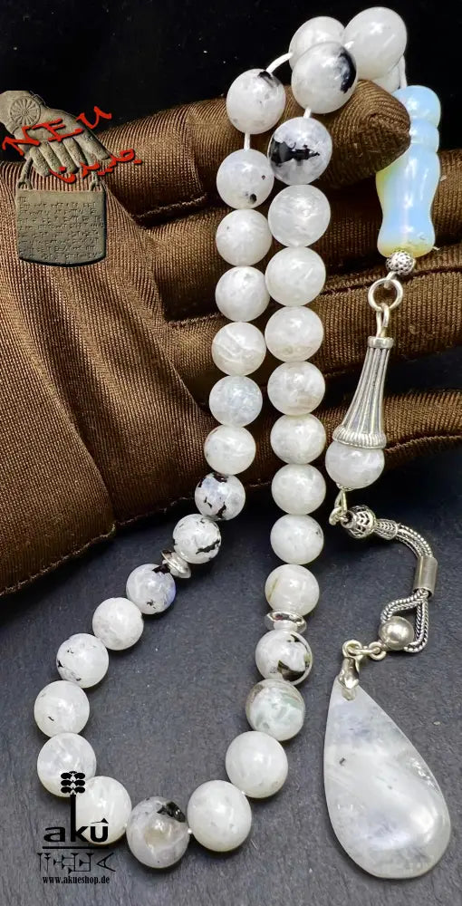 Mondstein Tasbih 925er Silber Quaste natürliche Edelstein Sibha Regenbogen Indischer Mondstein. Tasbih