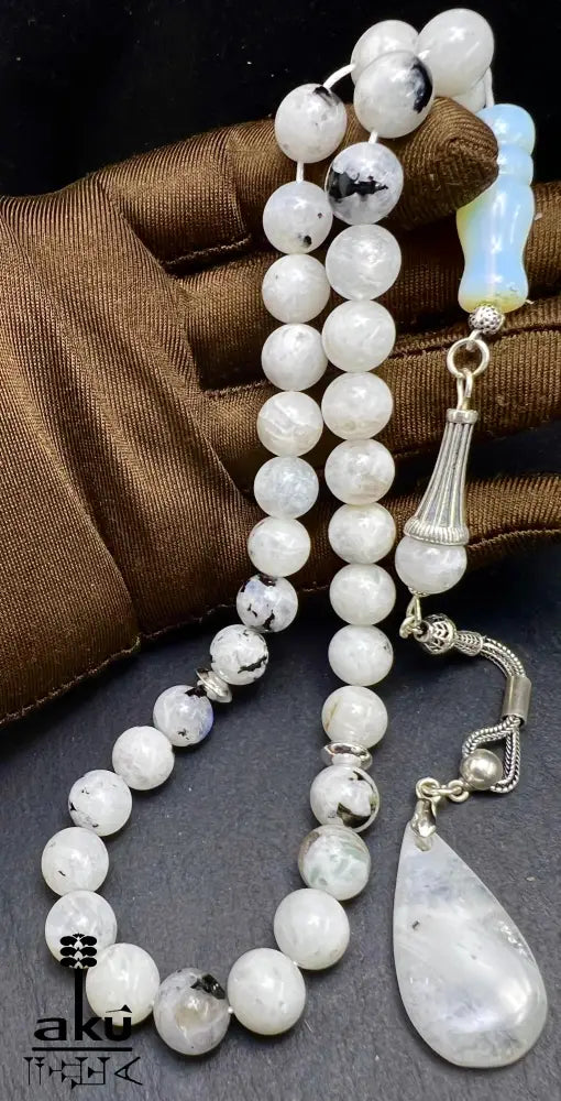 Mondstein Tasbih 925er Silber Quaste natürliche Edelstein Sibha Regenbogen Indischer Mondstein. Tasbih