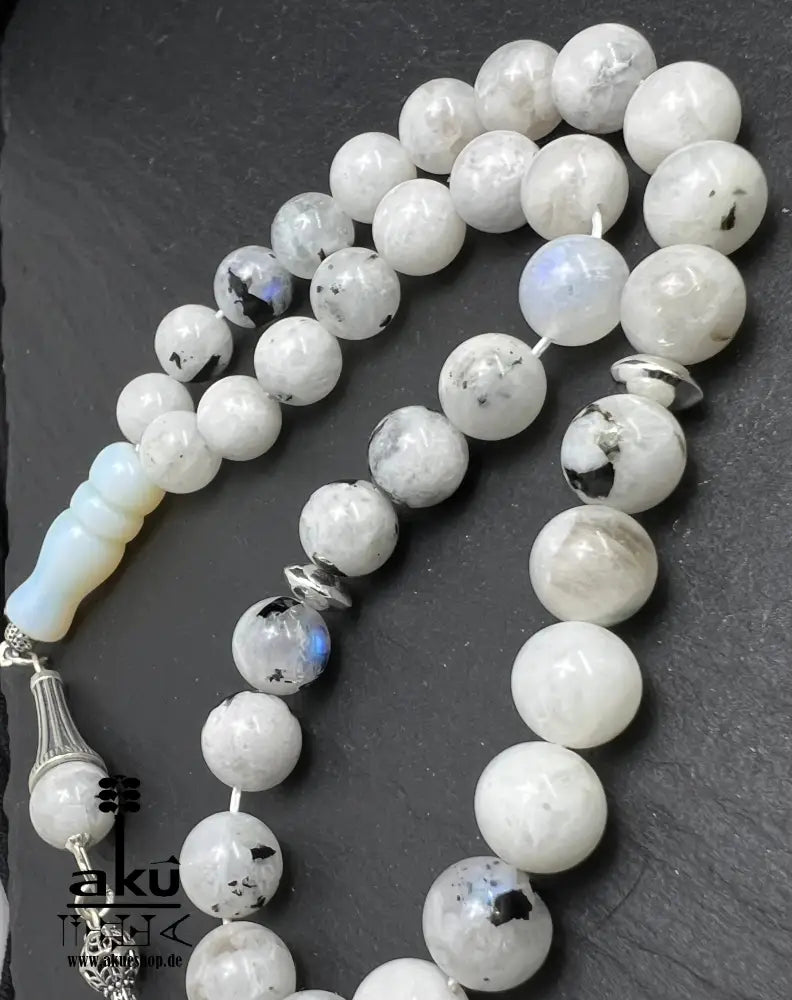 Mondstein Tasbih 925er Silber Quaste natürliche Edelstein Sibha Regenbogen Indischer Mondstein. Tasbih