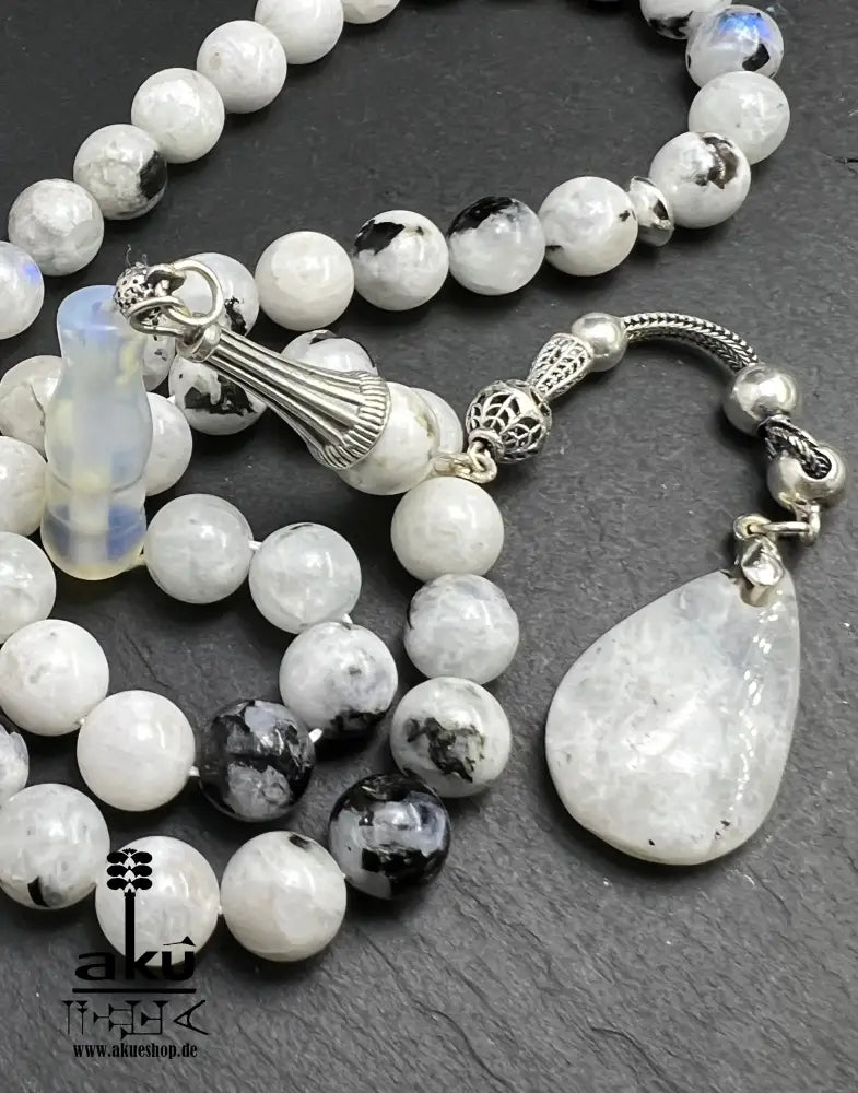 Mondstein Tasbih 925er Silber Quaste natürliche Edelstein Sibha Regenbogen Indischer Mondstein. Tasbih