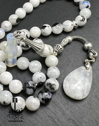 Mondstein Tasbih 925er Silber Quaste natürliche Edelstein Sibha Regenbogen Indischer Mondstein. Tasbih