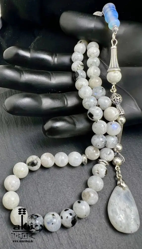 Mondstein Tasbih 925er Silber Quaste natürliche Edelstein Sibha Regenbogen Indischer Mondstein. Tasbih