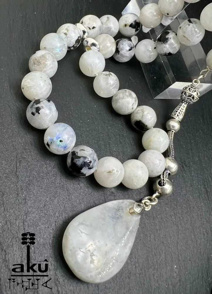 Mondstein Tasbih 925er Silber Quaste natürliche Edelstein Sibha Regenbogen Indischer Mondstein. Tasbih