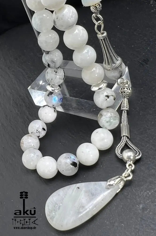 Mondstein Tasbih 925er Silber Quaste natürliche Edelstein Sibha Regenbogen Indischer Mondstein. Tasbih