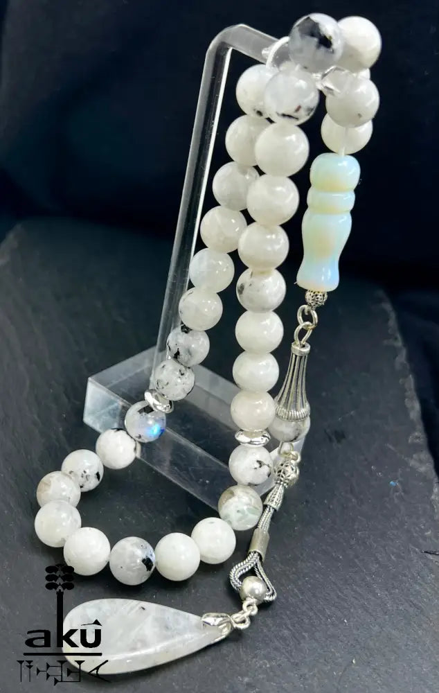 Mondstein Tasbih 925er Silber Quaste natürliche Edelstein Sibha Regenbogen Indischer Mondstein. Tasbih