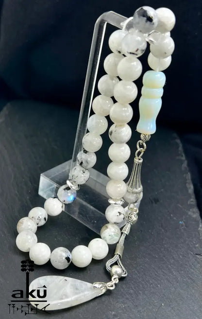 Mondstein Tasbih 925er Silber Quaste natürliche Edelstein Sibha Regenbogen Indischer Mondstein. Tasbih