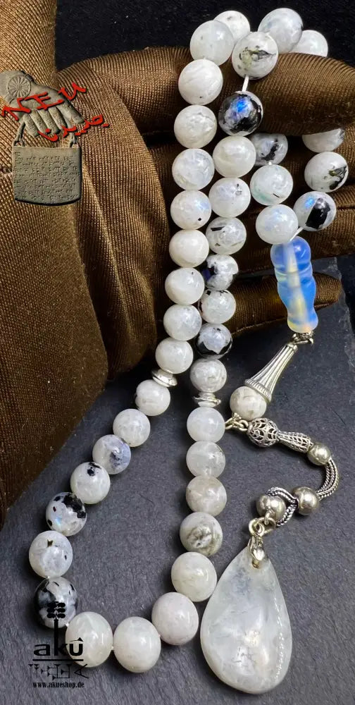 Mondstein Tasbih 925er Silber Quaste natürliche Edelstein Sibha Regenbogen Indischer Mondstein. Tasbih