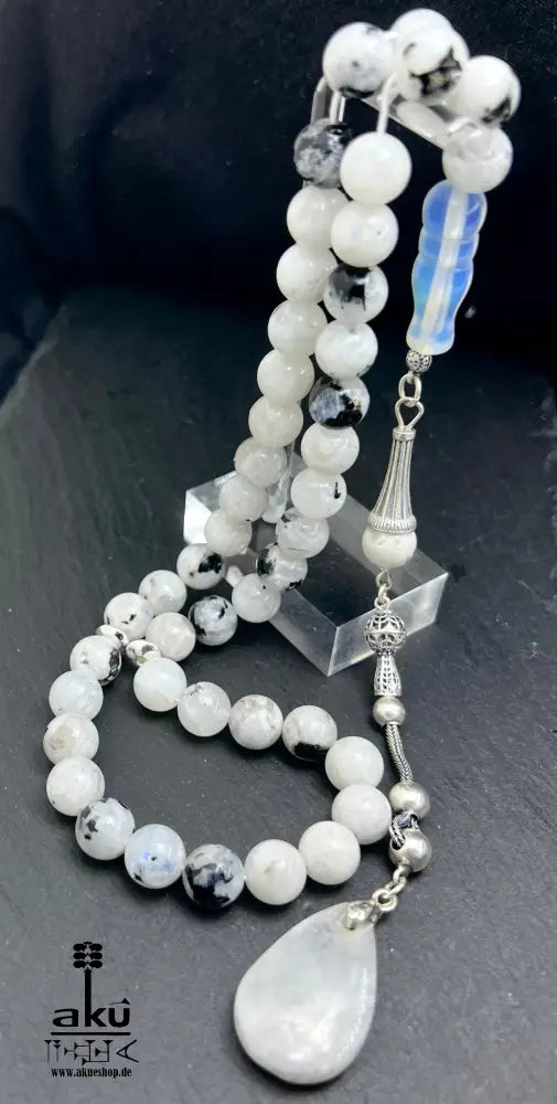 Mondstein Tasbih 925er Silber Quaste natürliche Edelstein Sibha Regenbogen Indischer Mondstein. Tasbih