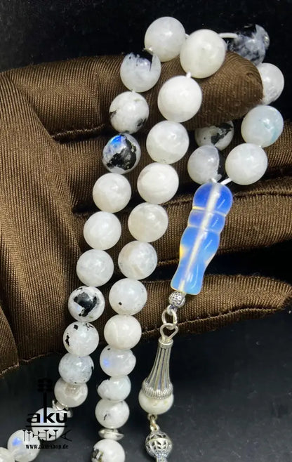 Mondstein Tasbih 925er Silber Quaste natürliche Edelstein Sibha Regenbogen Indischer Mondstein. Tasbih