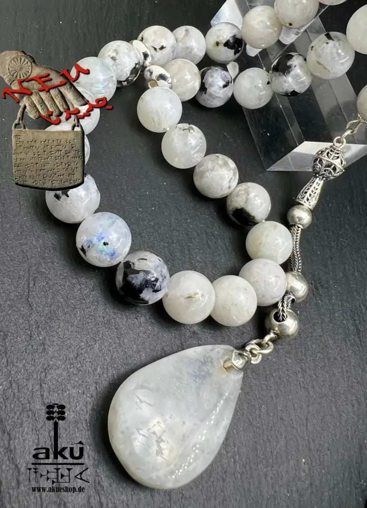 Mondstein Tasbih 925er Silber Quaste natürliche Edelstein Sibha Regenbogen Indischer Mondstein. Tasbih
