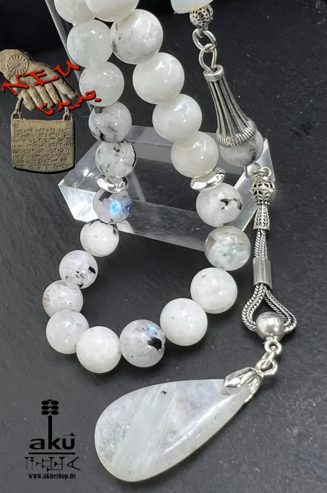 Mondstein Tasbih 925er Silber Quaste natürliche Edelstein Sibha Regenbogen Indischer Mondstein. Tasbih