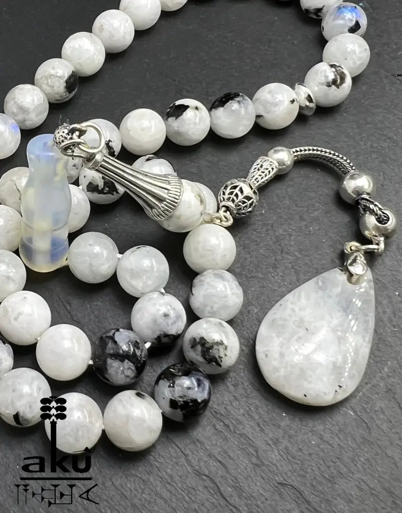 Mondstein Tasbih 925er Silber Quaste natürliche Edelstein Sibha Regenbogen Indischer Mondstein. Tasbih