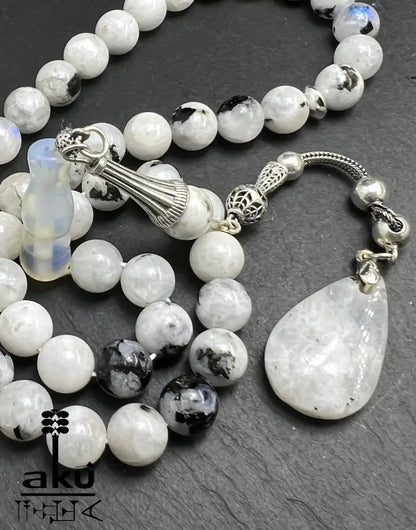 Mondstein Tasbih 925er Silber Quaste natürliche Edelstein Sibha Regenbogen Indischer Mondstein. Tasbih