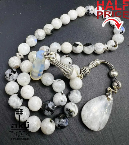 Mondstein Tasbih 925er Silber Quaste natürliche Edelstein Sibha Regenbogen Indischer Mondstein. Tasbih