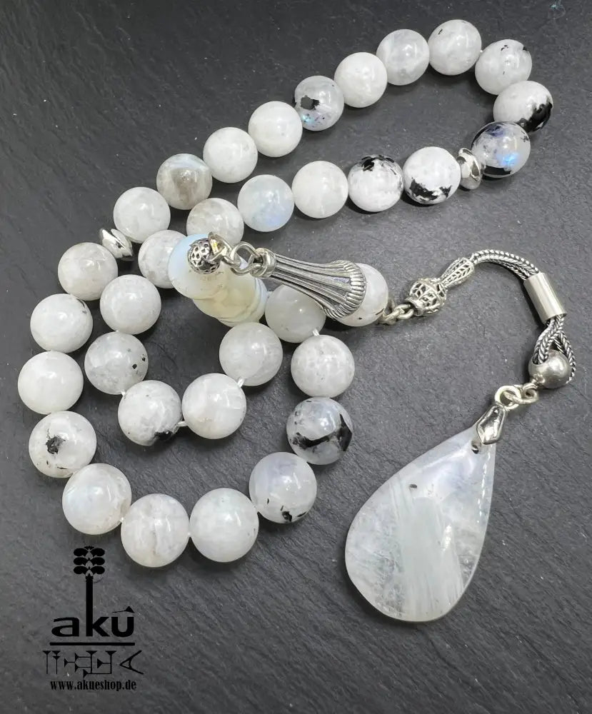 Mondstein Tasbih 925er Silber Quaste natürliche Edelstein Sibha Regenbogen Indischer Mondstein. Tasbih