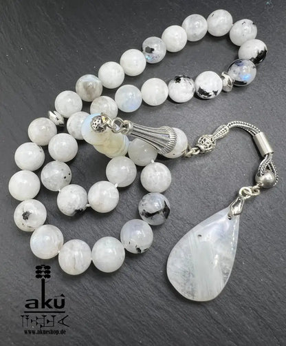 Mondstein Tasbih 925er Silber Quaste natürliche Edelstein Sibha Regenbogen Indischer Mondstein. Tasbih