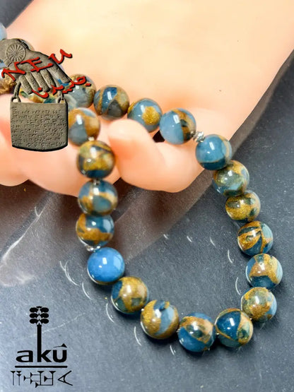 Mosaikstein Tasbih, blau und Bronz Konstruierte 33 Perlen Gebetskette, Vintage 925er Silber